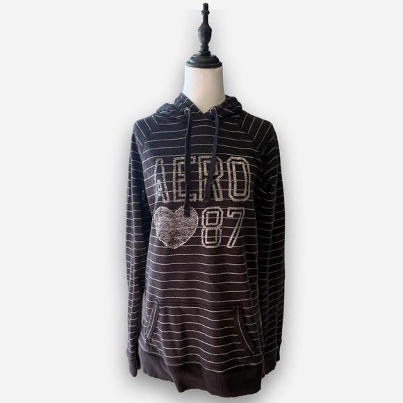 Aeropostale Tops - Aeropostale Vintage Striped Rhinestone Graphic Hoodie Black Silver Y2K Large